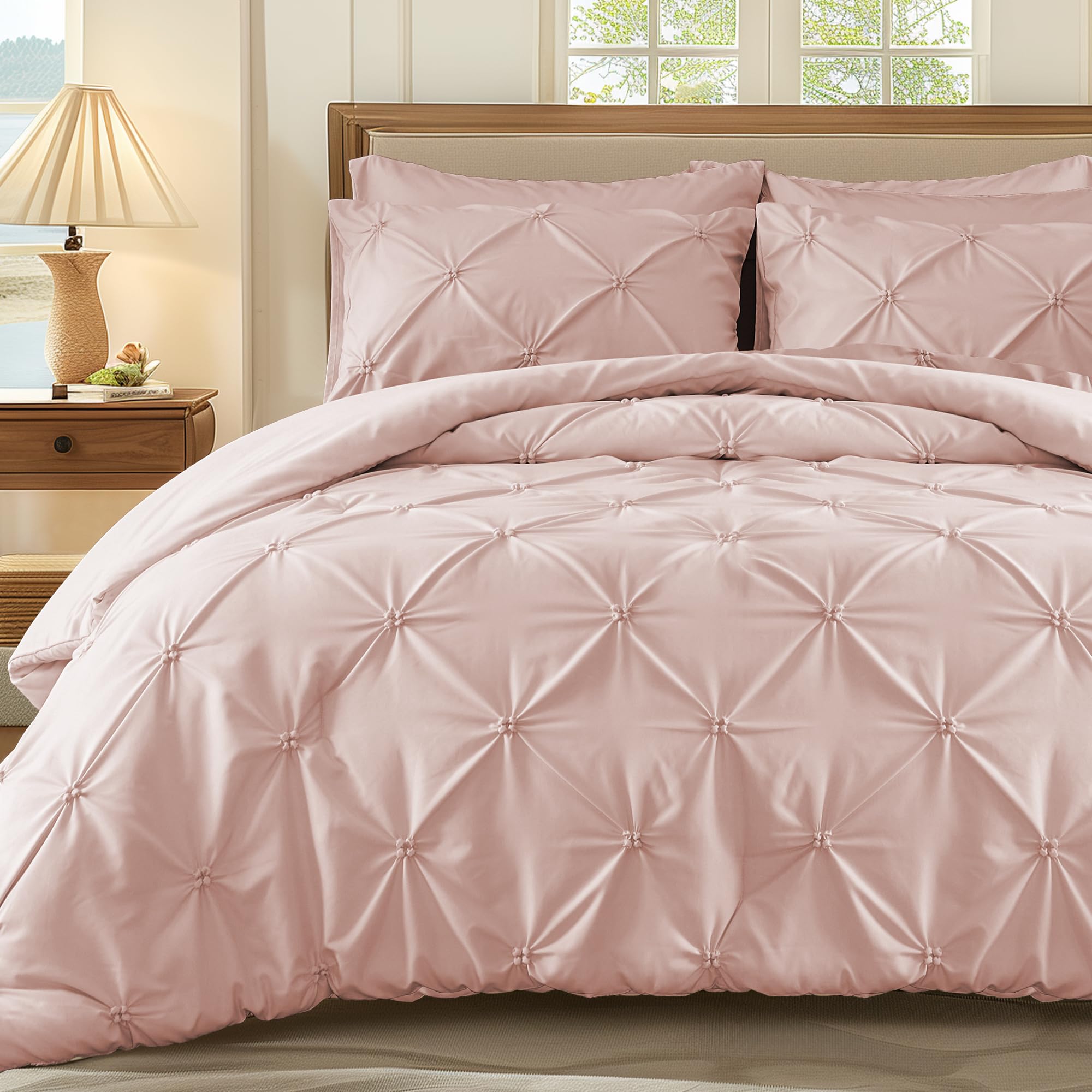 Wolki King Size Comforter Set Pink, 3 Pieces Bed Lightweight Solid Bedding Comforters Sets, All Season Fluffy Down Alternative C